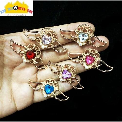 10pcs Cute Angel Wings Metal Decor Stuff DIY Jewelry Accessories Sweet Pink Crystal Heart Hollow Pendant Charms Cabochon