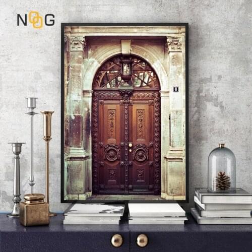 NOOG Nordic Brown Wooden Doors With Arch Frame Retro Posters And Prints Wall Art Canvas Painting Wall Pictures For Living Room