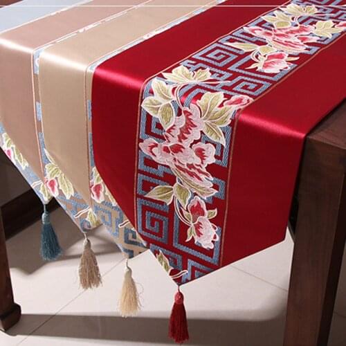 New Chinese Classical Line Peony Plant Flower Tablecloth Party Wedding Decoration Restaurant With Tassel Simple Table Runner