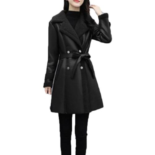 New Arrivals 2021Winter Womens PU Leather Coats Lambswool Plus Size Overcoats Belt Female Thick Outerwear Lady Faux Fur Jackets