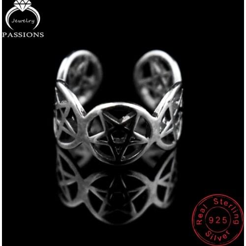 Wholesale Antique 925 Sterling Silver Round Hollow Star Pattern Rings Resizable Vintage Style Circle Shape Ring Women Jewelry