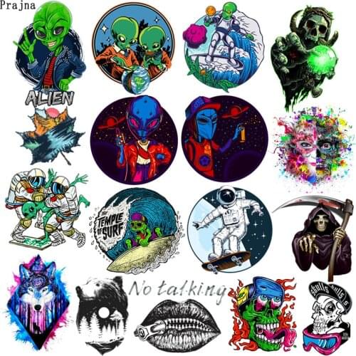 Prajna Hippie Space Alien Iron on Patches for Clothing Punk Skull Heat Transfer Thermal Stickers Stripe Applique on man T Shirt