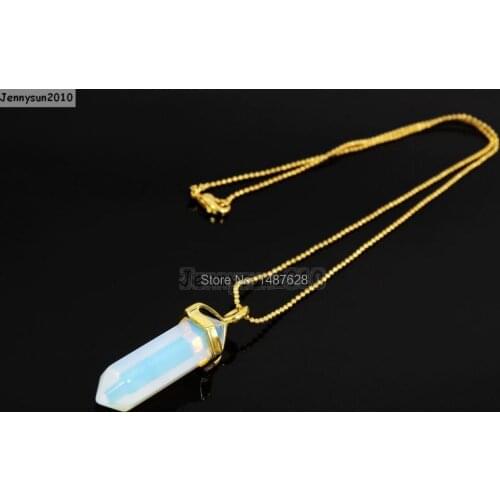 Natural Opalite Gems Stones Hexagonal Pointed Healing Reiki Chakra Pendant Beads Gold 17'' Chain Necklace 5 Sets/Pack