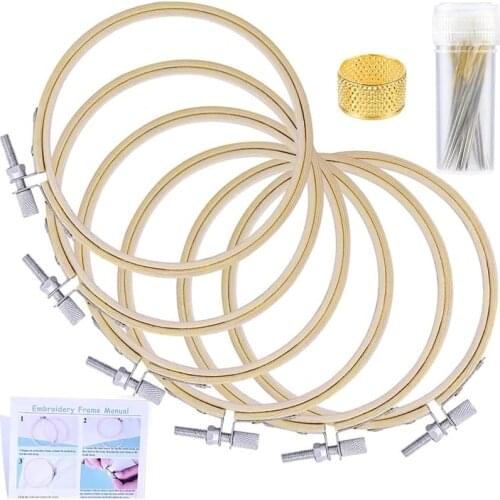 Imzay 6Pcs 4inch/10.1cm Cross Stitch Hoops, Embroidery Circle With 3Sizes Sewing Needles, Thimble For Embroidery Craft