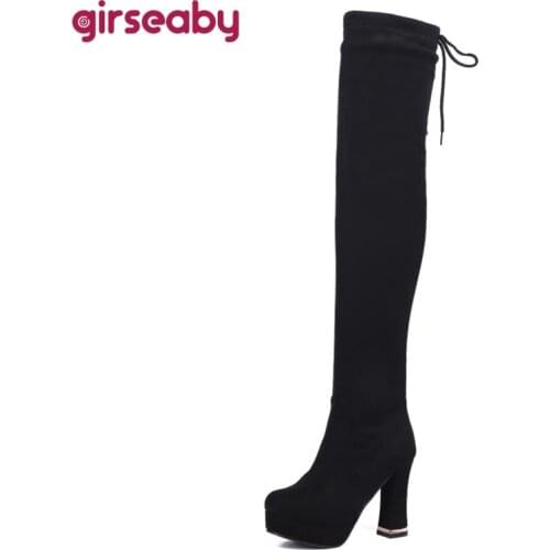 Girseaby 2021 Sexy Over The Knee Boots Platforms Lace Up Slim Stretch Fabric 11CM Block Heel Size 33-43 Black Red Brown A4475