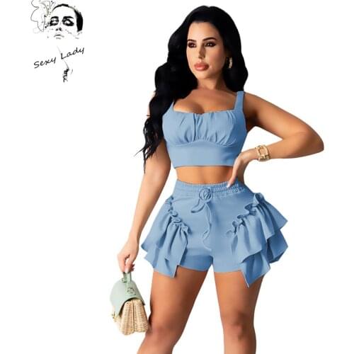 Sexy Lady Casual Tracksuit Women Biker Two Piece Set Crop Tank Top Drawstring Short Pants Outfit Suit