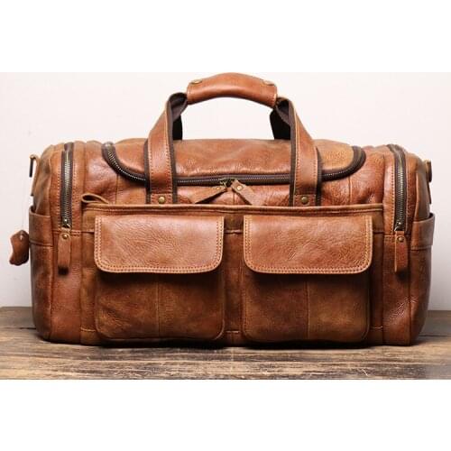 Vintage Natural Cow Leather Mens Travel Bag Casual Genuine Leather Travel Totes
