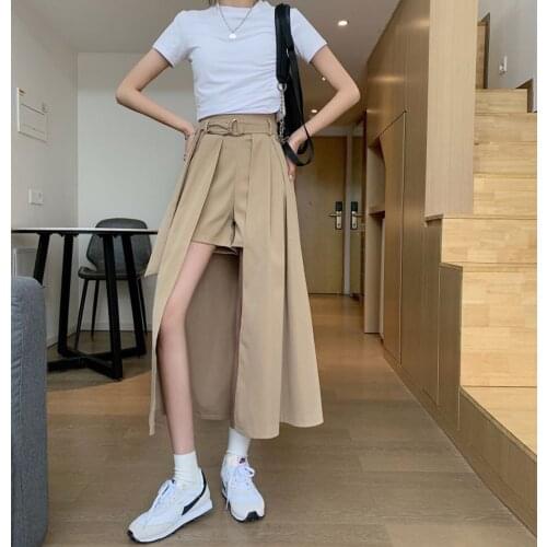 Women Summer Skirts Khaki Long Midi Skirts for Women Causal Shorts Skirts Irregular Pleated Skirts Female Women Streetwear 2021