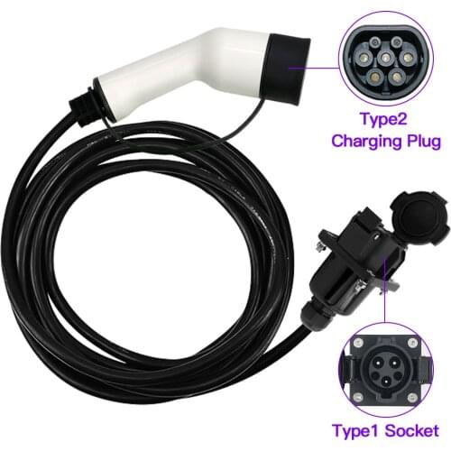 EV Charging Cable Double Plug 1 Phase Type 2 to Type 1 IEC 62196-2 Female to SAE J1772 Socket with 5m Cable or Customized