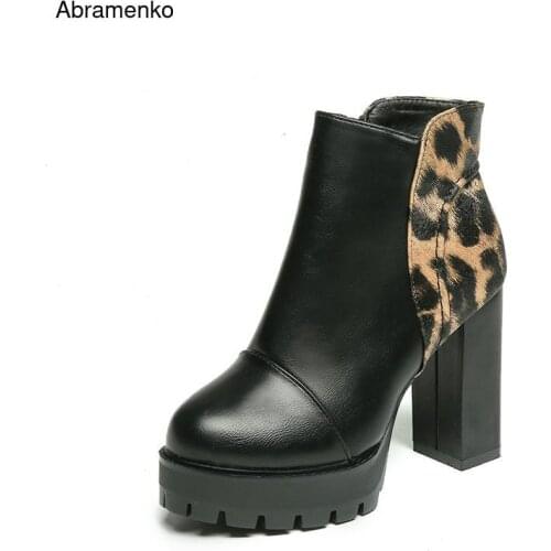 Women Ankle Boots For Autumn Solid PU Platform Pumps Shoes Pointed Toe High Heels Martin Boot Leopard Black Shoes Woman Size 8