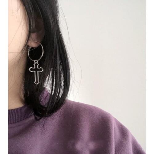 Punk Hollow Cross Pendant Dangle Earrings For Women Minimalist Silver Color Round Circle Drop Dangle Earring Ear Jewelry Gifts