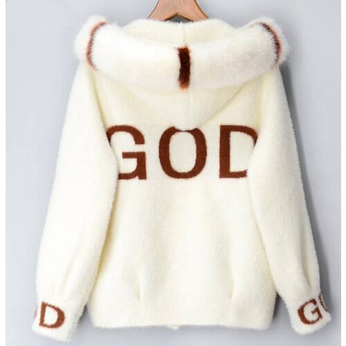 Mink Fur Autumn And Winter Sweater Coat 2020 New Womens Loose Velvet Long-sleeved Cardigan Hooded Sweater Faux Fur Collar