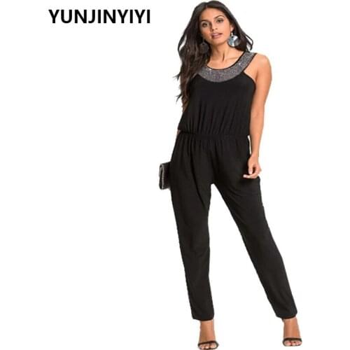 2019 Sexy Sleeveless Rompers Womens Jumpsuit Summer Beads Neck High Waist Slim New Woman Fashion Playsuit Women Jumpsuit