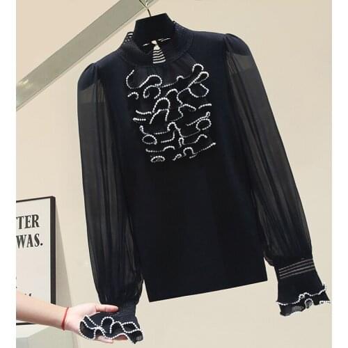 Mesh Long Sleeve Beading Patchwork Base Knitwear Sweater 2021 Spring Winter Womens Loose Knit Shirt Top Female Thin Sweaters