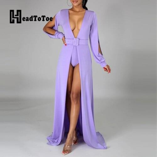 Sexy Slit Long Sleeve Belted Maxi Dress with Shorts Set Solid Floor Length Women Elegant Two Piece Dress Set