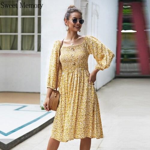 Sweet Memory Women Dresses 2021 Summer Vestidos Square Collar Floral Print Dress A-Line Cotton Three Quarter Sleeve Robes