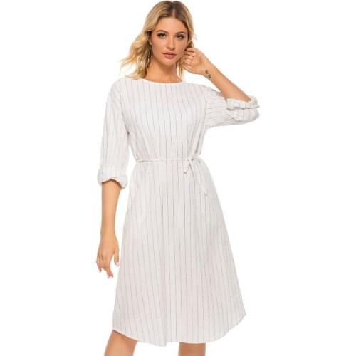 Female clothing midi dress White round neck long sleeve casual simple striped long sleeve dress Elegant dresses for women