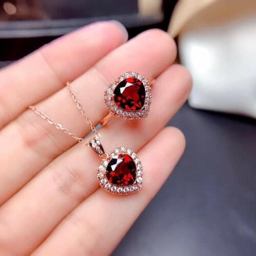 100% Real Natural Garnet Jewelry set Natural And Real Garnet Set 925 sterling silver Fine jewelry 1pc ring,1pc Pendant