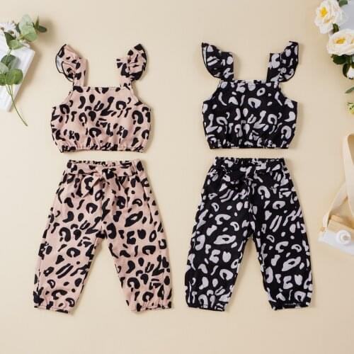 2021 0-5Y Kids Baby Girl Clothing 2pcs Leopard Print Sleeveless Round Neck Crop Top Vest+Bowknot Waist Long Pants Set for Summer