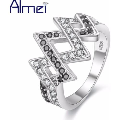 Almei Silver Color Rings for Women With Black Stone Anel Wedding Ring Zircon Anillos Crystal Jewelry Bijoux Alibaba-Express Y023
