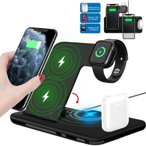 15W Qi Fast Wireless Charger Stand For iPhone 11 XR X 8 Apple Watch 4 in 1 Foldable Charging Dock Station for Airpods Pro iWatch
