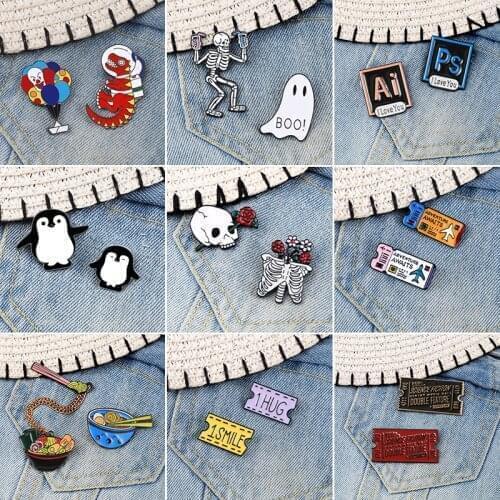 2pcs/set Skeleton Ticket PS AI Enamel Pins Cat Dinosaur Balloon Noodles Jackets Brooches Pin Animals Badge Cartoon Jewelry Gifts