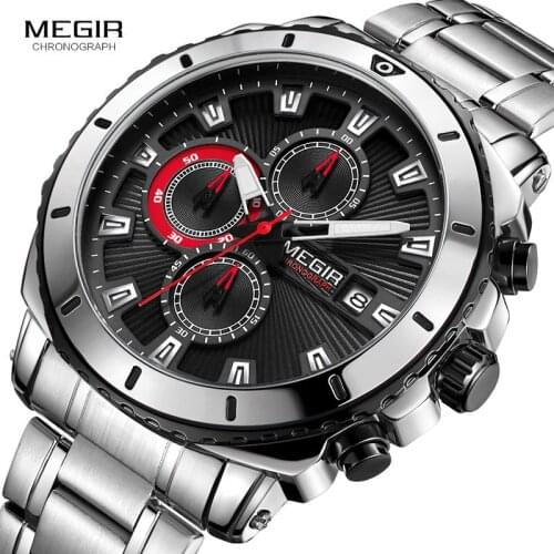 2019 MEGIR Sport Watch Men Luxury Brand Quartz Wristwatch Date Chronograph Waterproof Steel Strap Male Clock Relogio Masculino