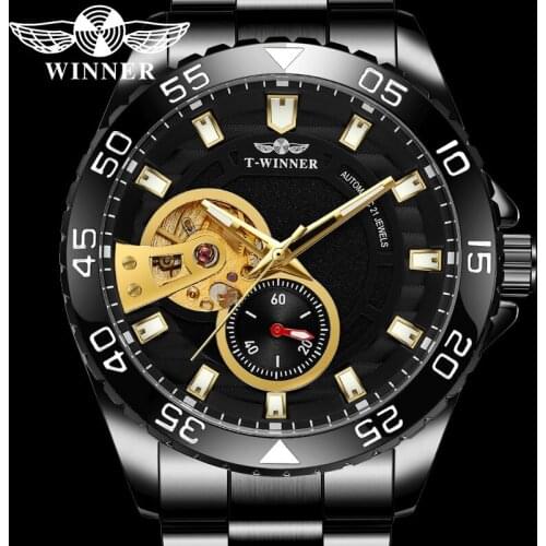 WINNER Automatic Mechanical Men Wristwatch Military Sport Male Clock Top Brand Luxury Black Full Steel Skeleton Man Watch 8195