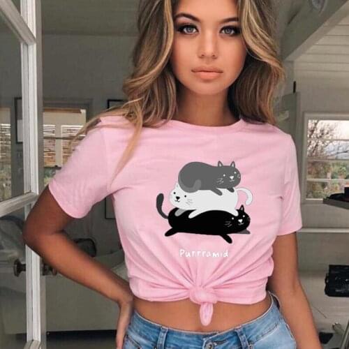 Three Kittens Piled Together Printed T Shirt Women Tops Harajuku Shirt Summer Short Sleeve Casual Tee Shirt Femme Camiseta Mujer