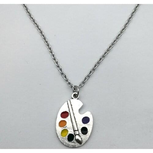 Artists Palette Necklace - Pewter and Epoxy Painters Pallet Charm necklace - Paint Brush and Paint Jewelry