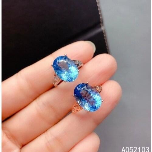 KJJEAXCMY fine jewelry 925 sterling silver inlaid natural Swiss Blue Topaz Womens men noble simple adjustable large gem ring