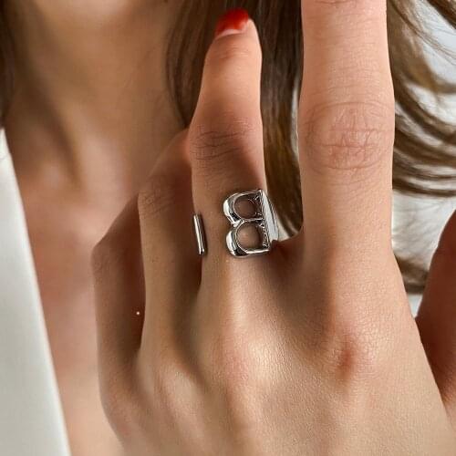 Hollow B Letter Gold Color Metal Adjustable Opening Ring Initials Name Alphabet Female Party Chunky Wide Trendy Jewelry