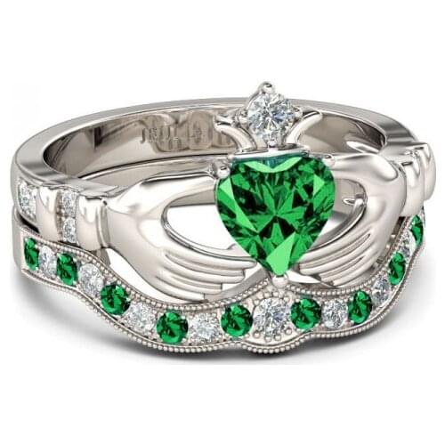 White and Green Love Heart Zircon stone Ring set for Woman wedding engagement Crown Jewelry
