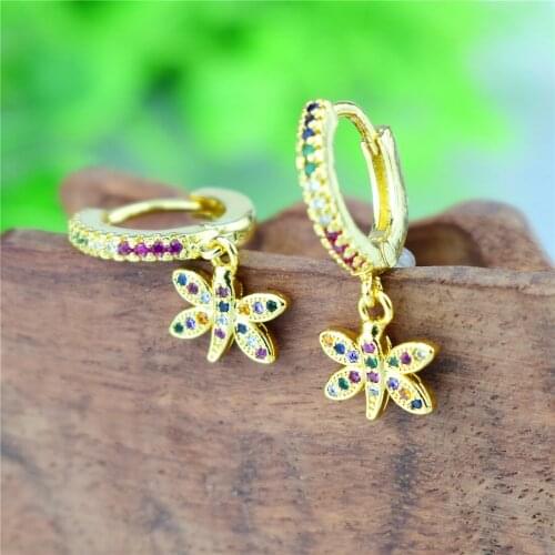 Brass Micro Pave Cz Zircon Cubic Dragonfly Earrings for Sweet Rural Style Outdoor Casual Jewelry Accessories Girlfriend Gift