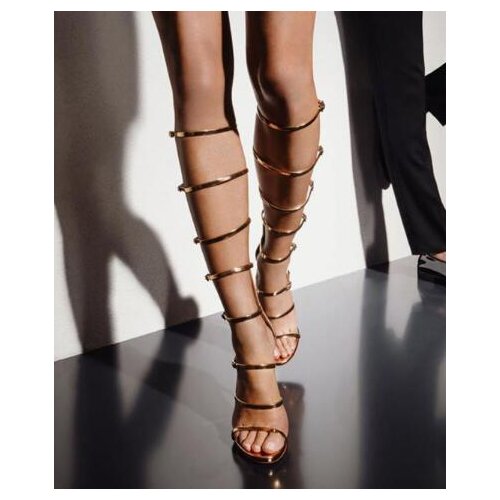 Fashion woman gold patent leather roman style knee high sandal high heel hollow belts straps knee high sandals large size 45