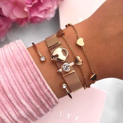 Mesh Bracelet Set Stainless Steel Charm Bracelet Love Lock Bracelet Gold Color Strap Jewelry Mothers Day Gift Dropshipping
