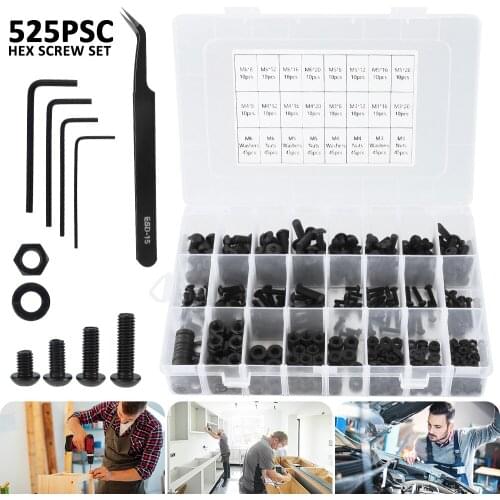 520pcs M3 M4 M5 M6 Hex Socket Screw Set Carbon Steel Flat Round Cap Head Screws Bolts and Nuts Assortment Kit with Storage Box