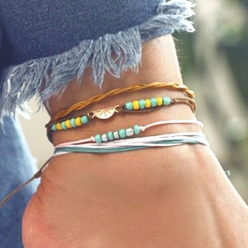 Colorful String Anklet Multilayer Beads Anklets Bracelet On Leg Summer Beach Adjustable Anklet Set Handmade Female Foot Jewelry