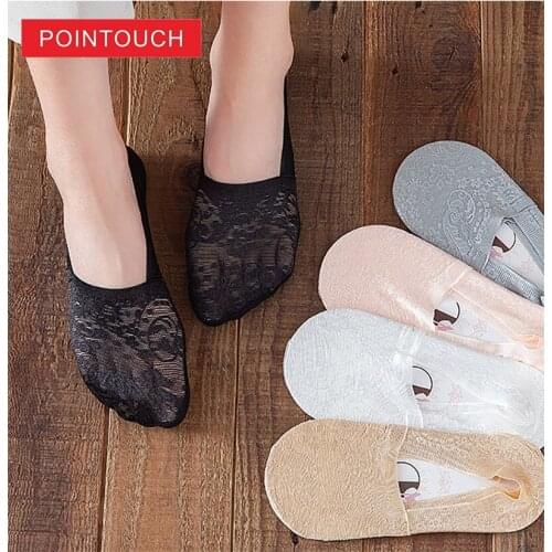 New Arrival Summer Women Silica Gel Lace Boat Socks Invisible Cotton Non-slip Antiskid Slippers Anti-Slip Sock 1pair=2pcs
