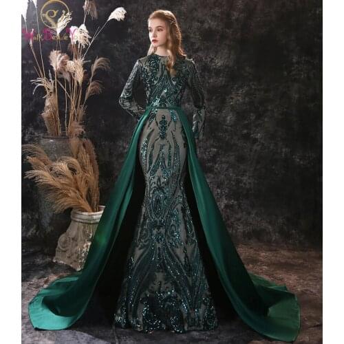 Mermaid Court Dresses Prom Muslim Full Sleeve Mermaid with Trail Long Evening Gowns Sequined Satin Female Graduation Party Wear