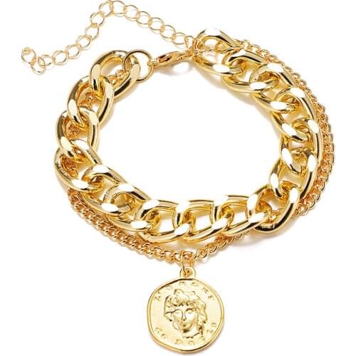 Retro Portrait Coin Bracelet Thick Chain Bracelet for Women Fashion Exaggerated Personality Punk Hip Hop Multilayer Chain