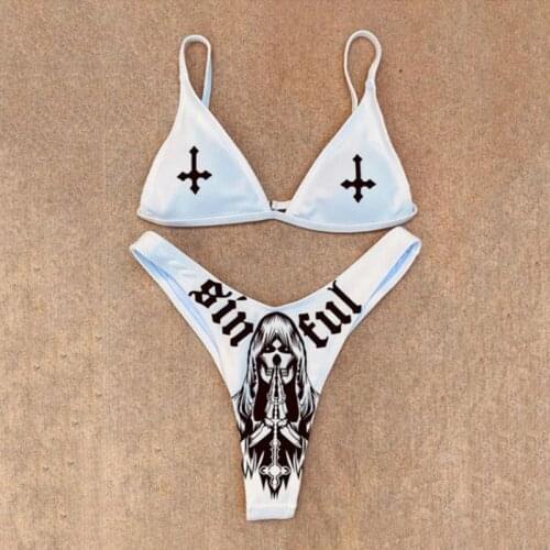 Sexy Bikini Thong Set Anime Print Bandeau Push Up Bikini Swimsuit Women Swimwear Biquinis Bathing Suit Female Beach wear