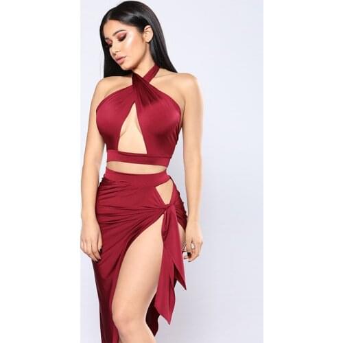 Sexy High Waist Slim Back Cross Hanging Neck Dress Suit Solid Color Dress Suit Club Party Dress