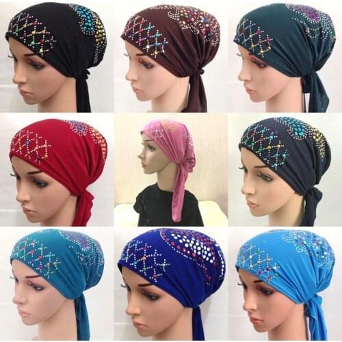 Rhinestone Short Tail Hair Loss Woman Muslim Islamic Arab Shayla Turban Cap Hat