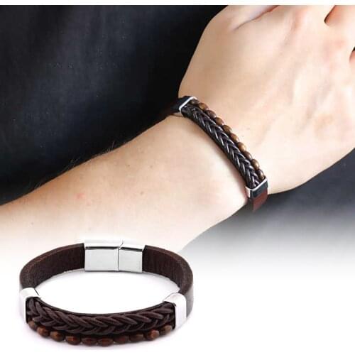 Tesbihane Mesh Design Kuka Embroidered Brown Steel-Leather Kombinli Male Bracelet