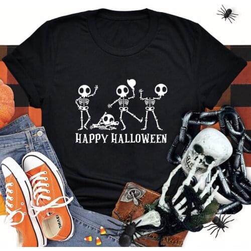 Happy Halloween Dancing Skeletons T-shirt Funny Spooky Season Holiday Gift Tshirt Aesthetic Women Skull Goth Tee Shirt Top