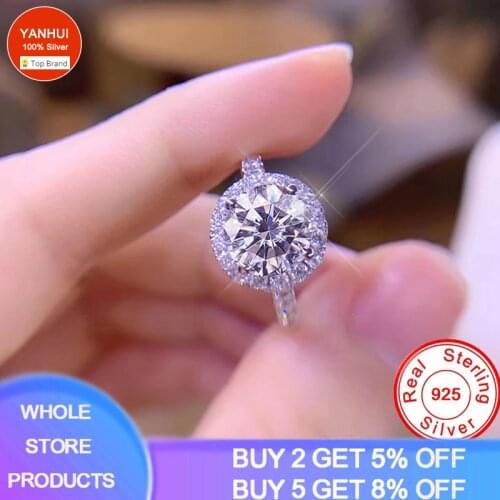 YANHUI 100% Solid 925 Sterling Silver Halo Rings For Women Wedding Engagement Jewelry Zironia Diamond Finger Ring Gifts XR009