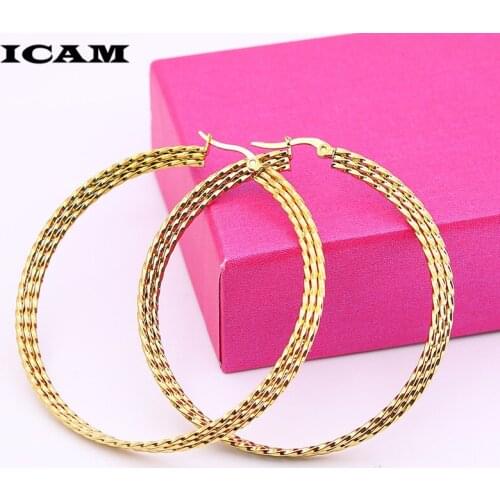 ICAM Vintage Gold Big Circle Hoop Earrings for Women Girl Ear Clip Stainless Fashion Earring Party Jewelry Accessories Gift