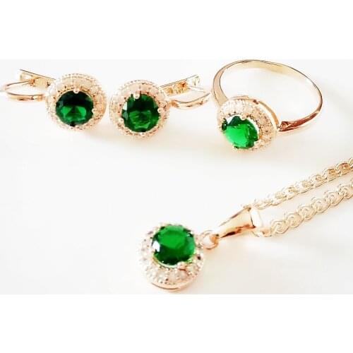 Fashion Round Jewelry Sets Green Cubic Zircon Rose Gold Color Jewelry Women Bridal Necklace + Earring +Ring Jewelry Sets