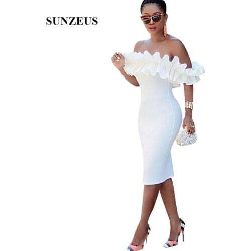 Robe Cocktail Femme Sheath Knee Length White Cocktail Dresses 2019 Off Shoulder Ruffles Party Gowns Prom